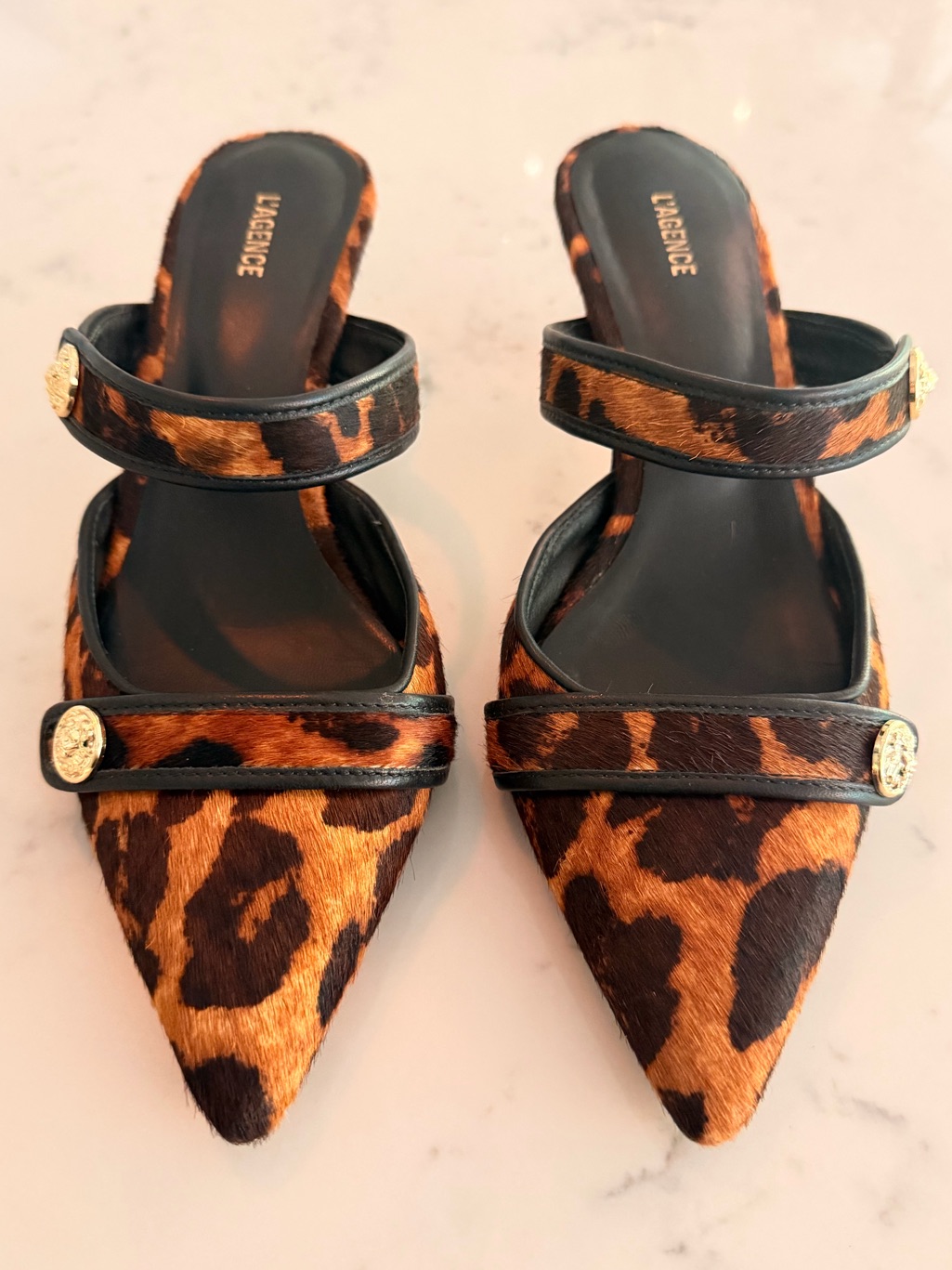 L'agence Chic Leopard Print Pony Hair Kitten Heel Mules Sz 7.5 New $485!!
